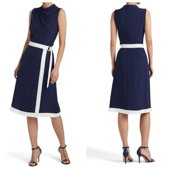 Lauren Ralph Lauren Black Label Belted Crepe Mock Neck Dress in French Navy - Picture 10 of 10